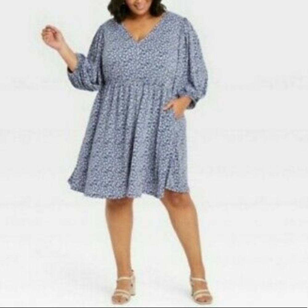 (4X)- Ava & Viv Women's Plus Size Long Sleeve Knit Babydoll Dress Navy Floral